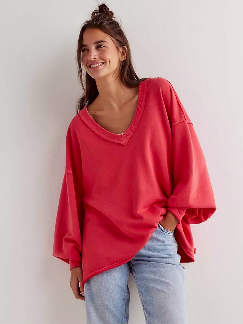 NEW Free People x We The Free Venice V-Neck Sweatshirt in Red